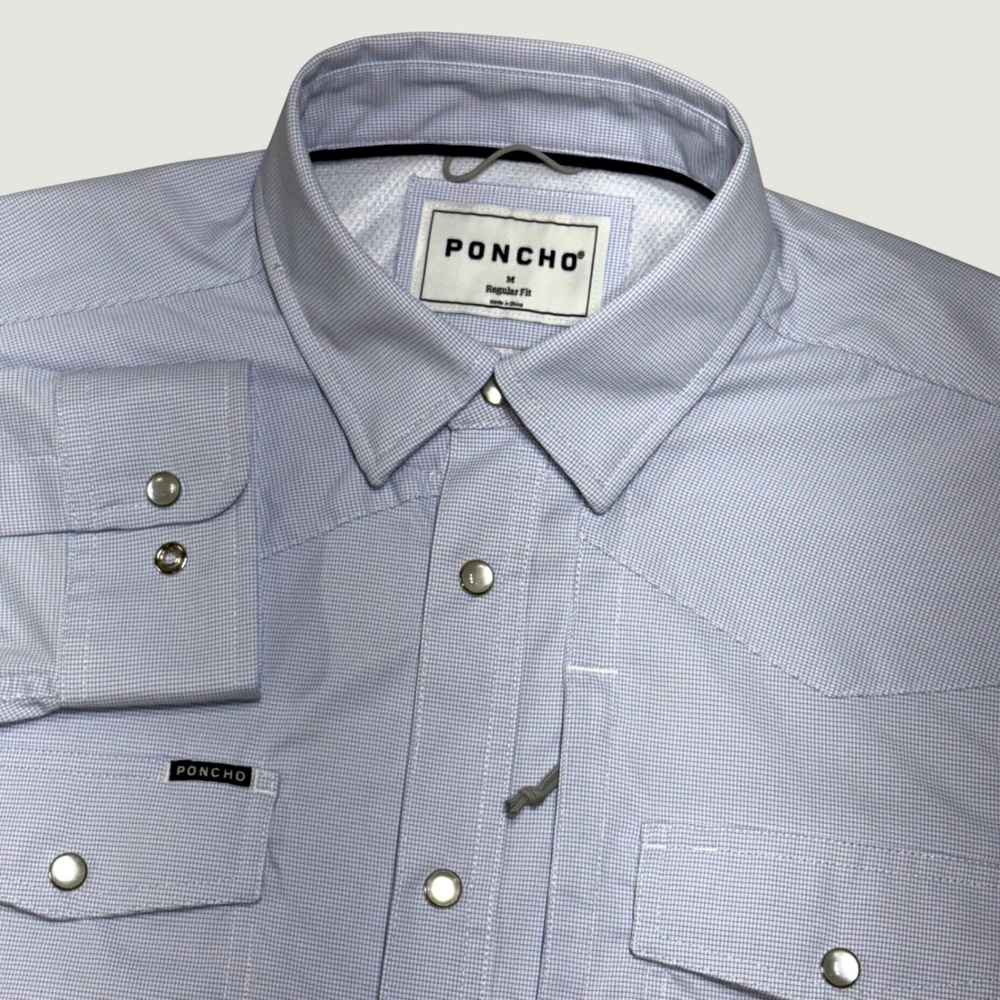 Poncho Western Pearl Snap Shirt Mens M Blue Micro Check Technical Stretch Hiking